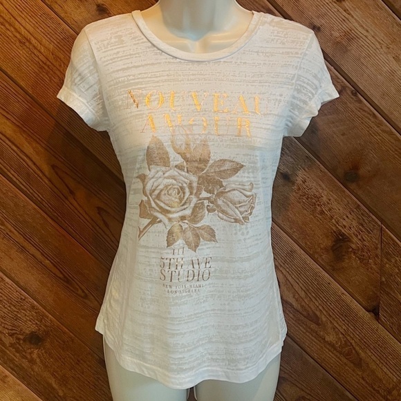 Express New Love graphic print short sleeve pullover top white gold floral small - Picture 4 of 8